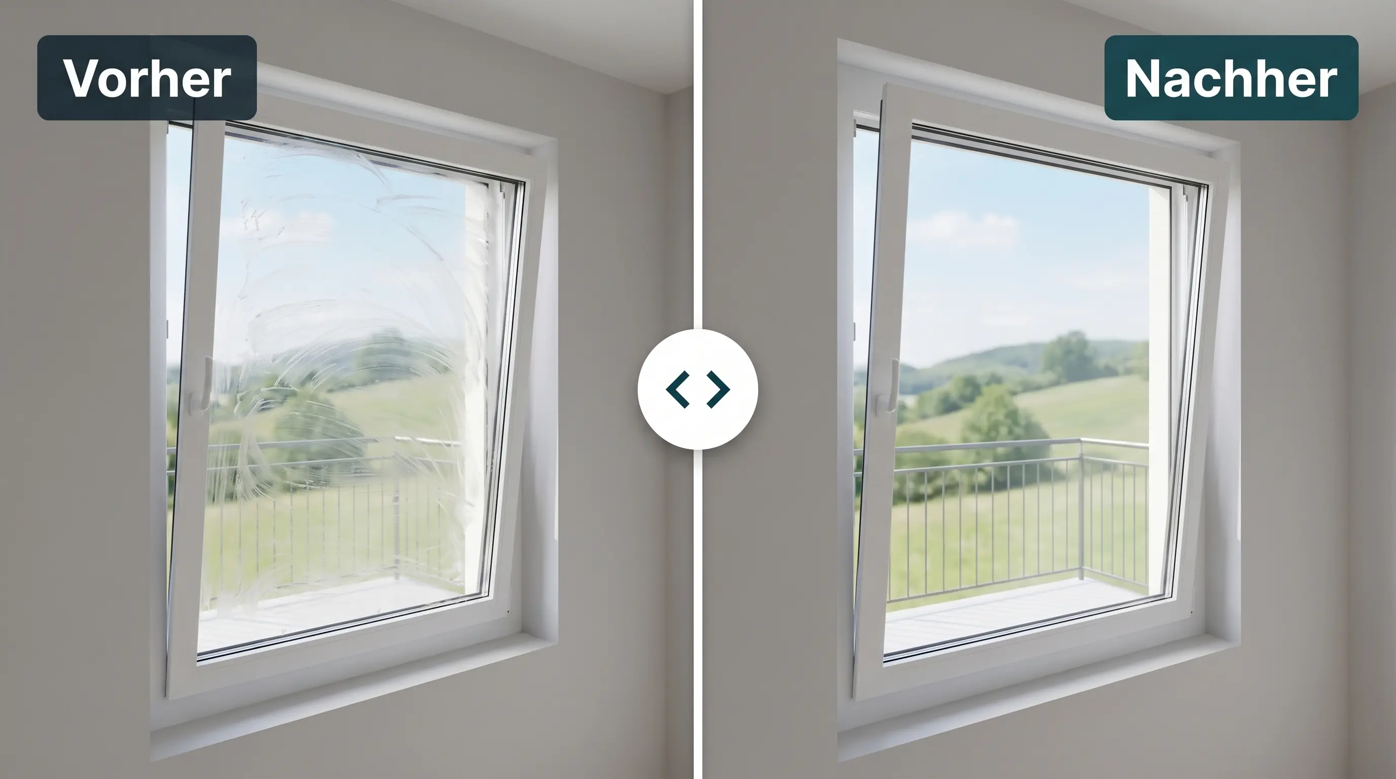 Vorher-Nachher-Vergleich: dasselbe Fenster links mit Schlieren, rechts nach dem Putzen mit MonkeyClean streifenfrei