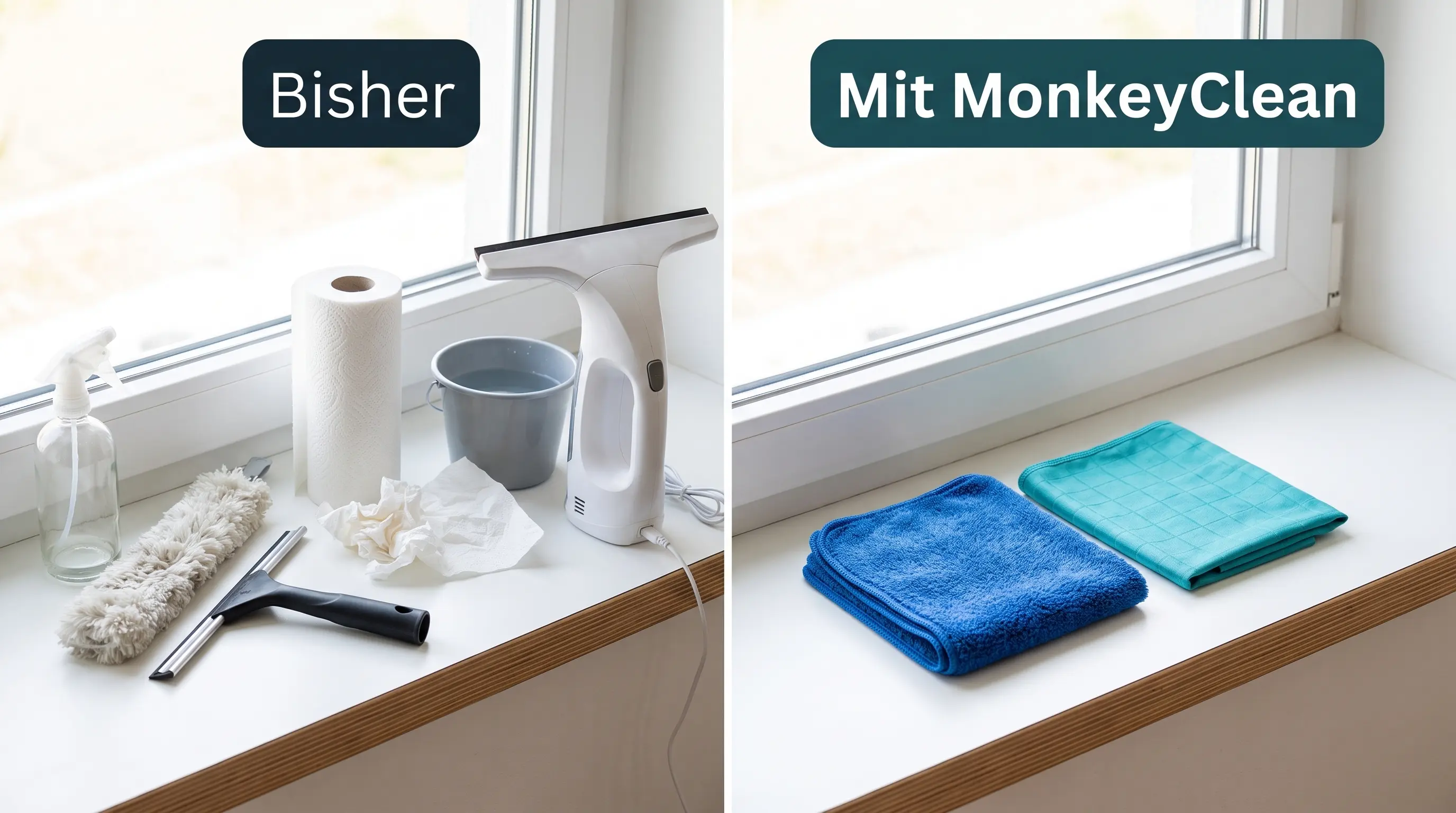 Vergleich: bisher viele Putzutensilien auf dem Fensterbrett, mit MonkeyClean nur zwei Tücher