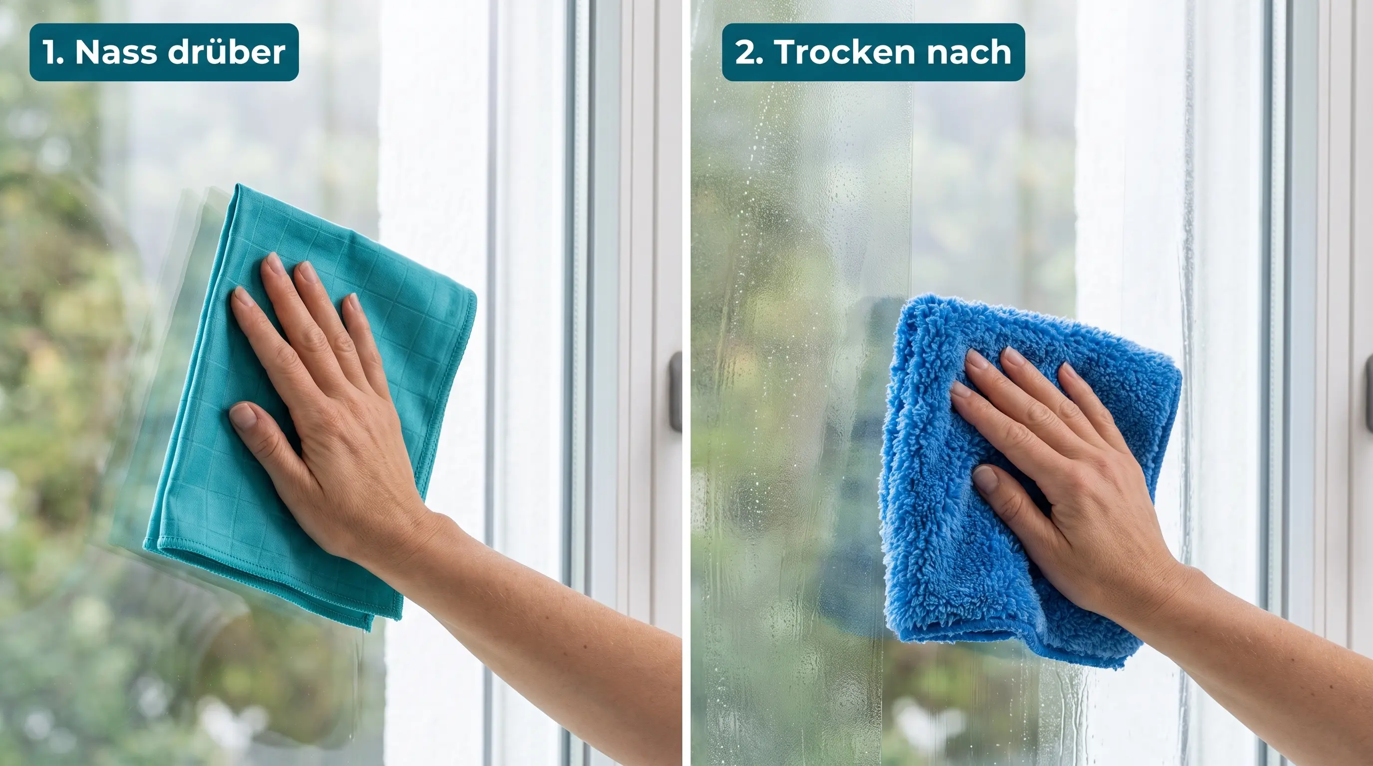 Zwei Schritte: zuerst locker mit dem nassen Reinigungstuch, dann mit dem Trockentuch in geraden Bahnen