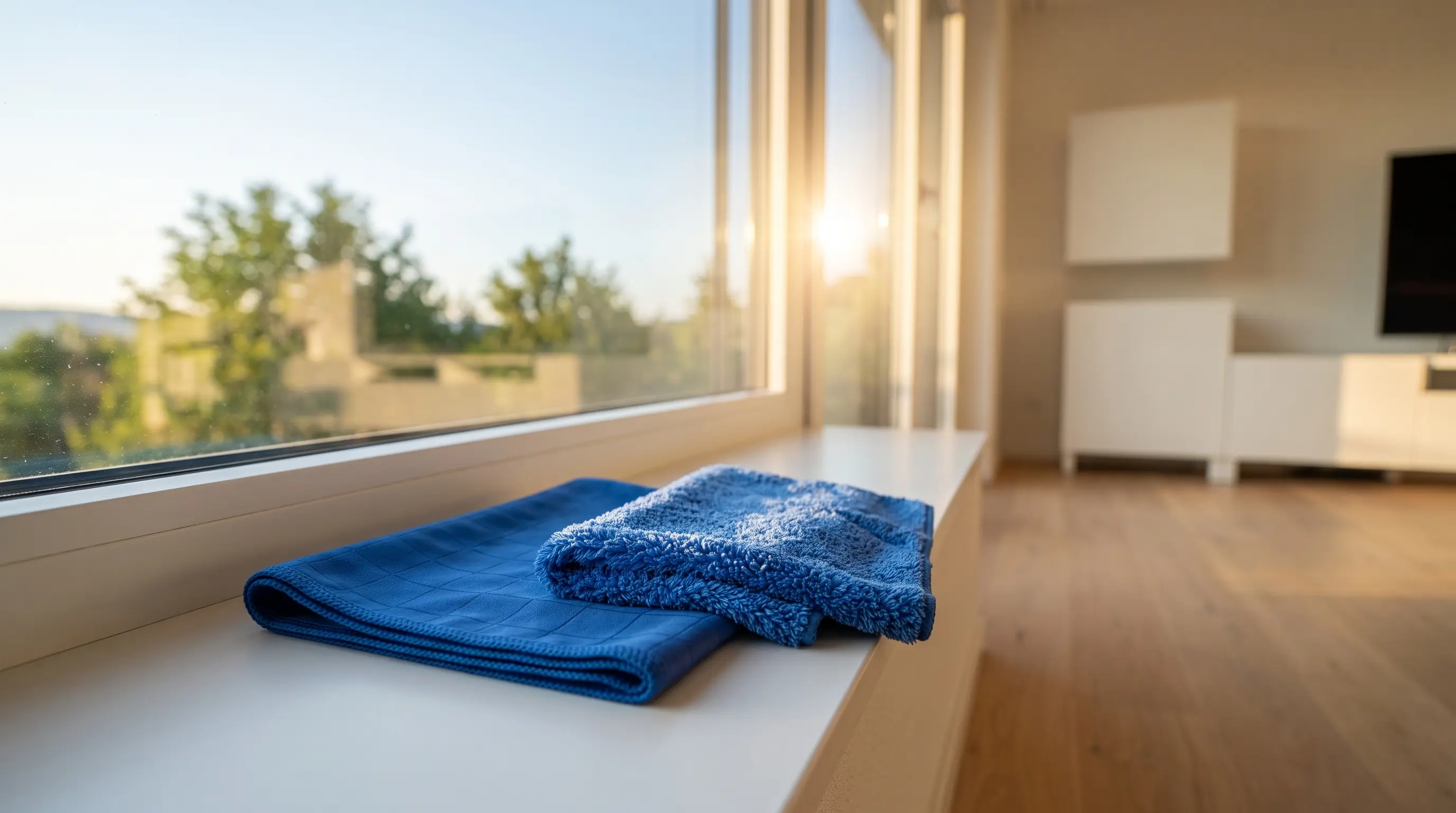 Die zwei MonkeyClean Tücher auf dem Fensterbrett vor einem sonnigen, streifenfreien Fenster
